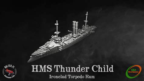 Artistieke impressie van de HMS Thunder Child die de vluchtelingen dekt