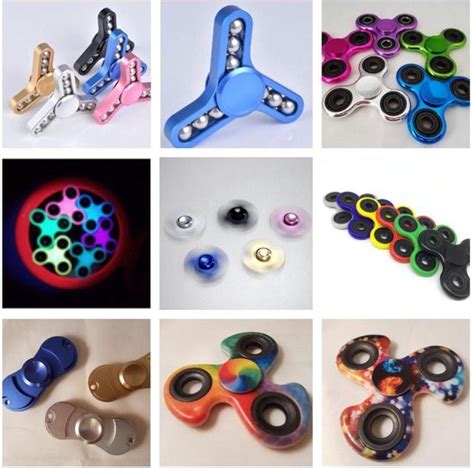 Verschillende soorten fidget spinners met diverse materialen en kleuren
