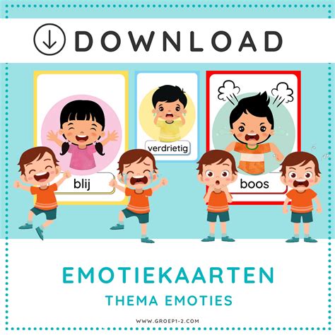 Illustratie van Kaatje die verschillende emoties toont aan een groep kleuters
