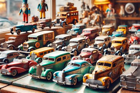 Een overzicht van vintage speelgoed, zoals een oude pop en een metalen blikken auto.