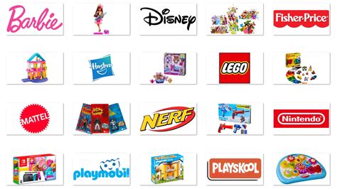 Illustratie van diverse populaire speelgoedmerken met kortingsymbolen