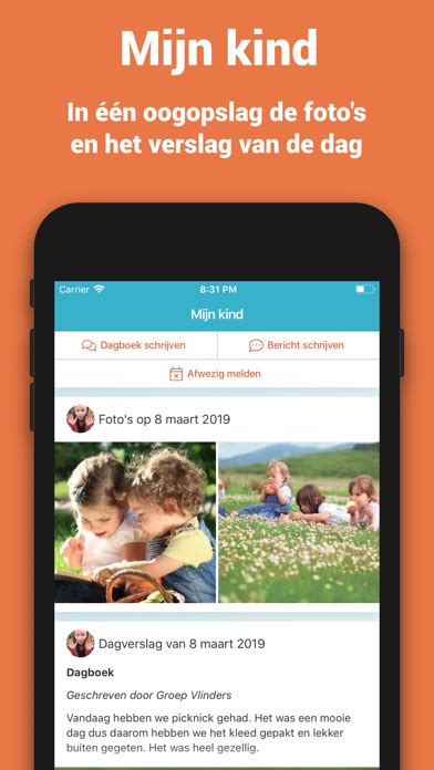 Screenshot van een ouderapp met foto's van kinderactiviteiten.