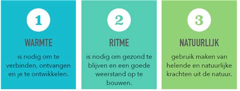 Infografiek die de kernprincipes van natuurlijke kraamzorg visualiseert: warmte, rust, ritme, omhulling, natuurlijke materialen.