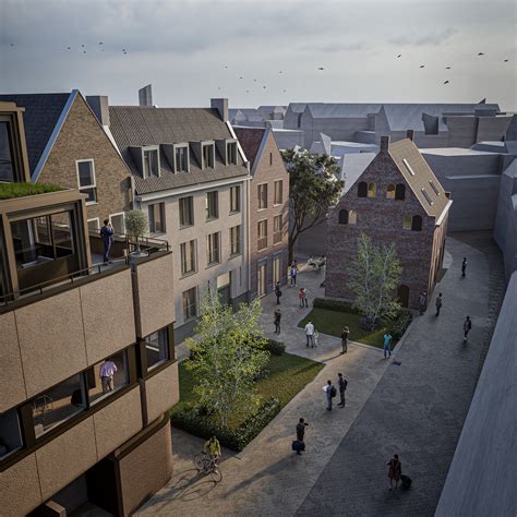 Artistieke impressie van het Jan Huybersplein met eeuwenoude gebouwen en een treinstation